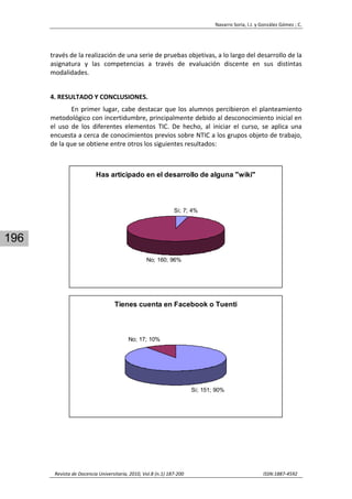 Navarro Soria, I.J. y González Gómez ; C. 
 
Revista de Docencia Universitaria, 2010, Vol.8 (n.1) 187‐200                                                                  ISSN:1887‐4592 
196
través de la realización de una serie de pruebas objetivas, a lo largo del desarrollo de la 
asignatura  y  las  competencias  a  través  de  evaluación  discente  en  sus  distintas 
modalidades. 
  
4. RESULTADO Y CONCLUSIONES. 
En primer lugar, cabe destacar que los alumnos percibieron el planteamiento 
metodológico con incertidumbre, principalmente debido al desconocimiento inicial en 
el  uso  de  los  diferentes  elementos  TIC.  De  hecho,  al  iniciar  el  curso,  se  aplica  una 
encuesta a cerca de conocimientos previos sobre NTIC a los grupos objeto de trabajo, 
de la que se obtiene entre otros los siguientes resultados: 
 
Has articipado en el desarrollo de alguna "wiki"
No; 160; 96%
Si; 7; 4%
 
Tienes cuenta en Facebook o Tuenti
No; 17; 10%
Si; 151; 90%
 
 
 