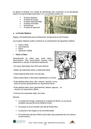 se aplican al finalizar una unidad de aprendizaje para comprobar si los estudiantes
lograron los aprendizajes esperados o no. Las pruebas pueden ser:

               Pruebas objetivas
               Pruebas de ensayo
               Pruebas estandarizadas
               Pruebas informales.
               Simuladores.
               Pruebas de ejecución


a. La Prueba Objetiva:

Reglas y Procedimientos para la Elaboración de Ejercicios en las Pruebas:

Las pruebas objetivas suelen combinar en su presentación los siguientes modelos:

       Cierto o falso
       Llena blancos
       Pareo
       Selección múltiple

   Cierto o Falso:

Generalmente se utiliza para medir datos…
memorización. Para razonamiento requiere mayor
elaboración y solicitar al estudiante explicación.

• Su mayor desventaja: tiene 50% para adivinar.

• Deben ser totalmente ciertos o totalmente falsos.

• Cada pregunta debe tener una sola idea.

• Debe usarse datos e información significante y no trivial.

• Evite palabras tales como: todo, ninguno, siempre, nunca…
  estas se asocian generalmente con argumentos falsos.

• Evite palabras tales como: generalmente, debiera, algunos… se
  asocian con argumentos válidos.

• Evite que las respuestas sigan una pauta.

Ejemplo:

       La ciudad de Chicago, localizada en el estado de Illinois, es una de las
       ciudades más grande de los Estados Unidos.

       El yunque no es la montaña más alta de Puerto Rico.

       La adicción a las drogas no es una enfermedad.

       El hundimiento del barco Maine pudo haber sido perpetrado por los cubanos
       revolucionarios.


                     UCSS - ÍTEM 40 HUARAL - 2006 - MINISTERIO DE EDUCACIÓN
                                          - 22
 