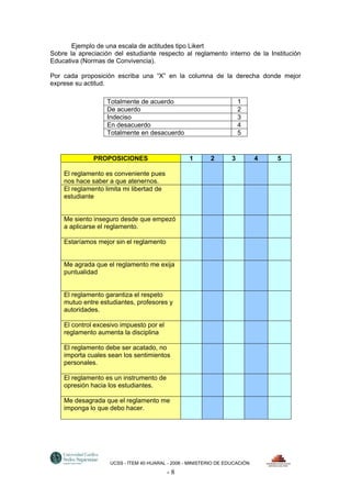 Ejemplo de una escala de actitudes tipo Likert
Sobre la apreciación del estudiante respecto al reglamento interno de la Institución
Educativa (Normas de Convivencia).

Por cada proposición escriba una “X” en la columna de la derecha donde mejor
exprese su actitud.

                   Totalmente de acuerdo                               1
                   De acuerdo                                          2
                   Indeciso                                            3
                   En desacuerdo                                       4
                   Totalmente en desacuerdo                            5


              PROPOSICIONES                       1       2        3         4   5

    El reglamento es conveniente pues
    nos hace saber a que atenernos.
    El reglamento limita mi libertad de
    estudiante


    Me siento inseguro desde que empezó
    a aplicarse el reglamento.

    Estaríamos mejor sin el reglamento


    Me agrada que el reglamento me exija
    puntualidad


    El reglamento garantiza el respeto
    mutuo entre estudiantes, profesores y
    autoridades.

    El control excesivo impuesto por el
    reglamento aumenta la disciplina

    El reglamento debe ser acatado, no
    importa cuales sean los sentimientos
    personales.

    El reglamento es un instrumento de
    opresión hacia los estudiantes.

    Me desagrada que el reglamento me
    imponga lo que debo hacer.




                    UCSS - ÍTEM 40 HUARAL - 2006 - MINISTERIO DE EDUCACIÓN

                                          -8
 