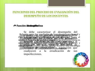 • Función de diagnóstico
          desarrolladora
          instructiva
          educativa

         Se debe caracterizar el desempeño del
    Relación entre en resultados de la evaluación profesoral y
         maestro los síntesis de determinado, debe
     Debe producir unaun períodolos indicadores del
   Ocurre como resultado del procesode sus principales el
    las motivaciones y actitudes de evaluativo, se hacia
         constituirse en síntesis los docentes
     desempeño del maestro. Por lo tanto, los actores
   incrementa partir de que este conoceycon precisión cómo es
    trabajo. A la madurez del evaluado
     involucrados yen dicho proceso, se instruyen, al
         aciertos desaciertos, de modo que sirva
   consecuentemente la relación interpsíquica pasa alumnos y
    percibido su trabajo por maestros, padres, a ser
     aprenden del mismo e incorporan una nueva
   intrapsíquica. centro escolar,para la derivación de
         evaluador de guía puede trazarse una estrategia
    directivos del
     experiencia de aprendizaje laboral.
    paraacciones las insuficiencias a ély superación que
          erradicar de capacitación señaladas.
         coadyuven a la erradicación de sus
         imperfecciones.
 
