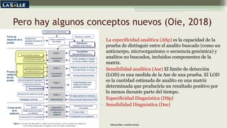 Pero hay algunos conceptos nuevos (Oie, 2018)
• La especificidad analítica (ASp) es la capacidad de la
prueba de distinguir entre el analito buscado (como un
anticuerpo, microorganismo o secuencia genómica) y
analitos no buscados, incluidos componentes de la
matriz.
• Sensibilidad analítica (Ase) El límite de detección
(LOD) es una medida de la Ase de una prueba. El LOD
es la cantidad estimada de analito en una matriz
determinada que produciría un resultado positivo por
lo menos durante parte del tiempo.
• Especificidad Diagnóstica (DSp)
• Sensibilidad Diagnóstica (Dse)
(Benavides, versión 2019)
 