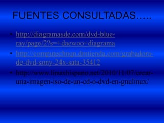 FUENTES CONSULTADAS…..
• http://diagramasde.com/dvd-blue-
  ray/page/2?s=+daewoo+diagrama
• http://computechnqn.dmtienda.com/grabadora-
  de-dvd-sony-24x-sata-35412
• http://www.linuxhispano.net/2010/11/07/crear-
  una-imagen-iso-de-un-cd-o-dvd-en-gnulinux/
 
