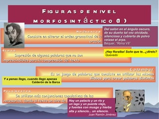 Figuras de nivel morfosintáctico (1) Hipérbaton Consiste en alterar el orden gramatical de la oración Elipsis Supresión de algunas palabras que no son  imprescindibles para la comprensión del texto Polisíndeton Se utilizan más conjunciones copulativas de las necesarias, dando al texto un aire de solemnidad Calambur Es un juego de palabras que consiste en utilizar las mismas sílabas para crear palabras distintas ¡Hay floralba! Soñe que te...¿direlo? Quevedo Hay un palacio y un río y un lago y un puente viejo, y fuentes con musgo y hierba alta y silencio... un silencio . Juan Ramón Jiménez Y a penas llego, cuando llego apenas Calderón de la Barca Del salón en el ángulo oscuro, de su dueño tal vez olvidada, silenciosa y cubierta de polvo veíase el arpa. Béquer, “Rima VII” 