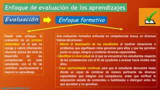 Una evaluación formativa enfocada en competencias busca, en diversos
tramos del proceso:
• Valorar el desempeño de los estudiantes al resolver situaciones o
problemas que signifiquen retos genuinos para ellos y que les permitan
poner en juego, integrar y combinar diversas capacidades.
• Identificar el nivel actual en el que se encuentran los estudiantes respecto
de las competencias con el fin de ayudarlos a avanzar hacia niveles más
altos.
• Crear oportunidades continuas para que el estudiante demuestre hasta
dónde es capaz de combinar de manera pertinente las diversas
capacidades que integran una competencia, antes que verificar la
adquisición aislada de contenidos o habilidades o distinguir entre los
que aprueban y no aprueban.
Enfoque de evaluación de los aprendizajes
Enfoque formativo
Desde este enfoque, la
evaluación es un proceso
sistemático en el que se
recoge y valora información
relevante acerca del nivel de
desarrollo de las
competencias en cada
estudiante, con el fin de
contribuir oportunamente a
mejorar su aprendizaje.
augustozaval@gmail.com
 