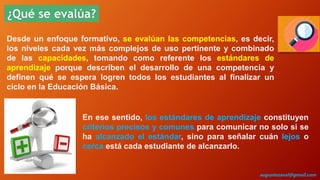 ¿Qué se evalúa?
Desde un enfoque formativo, se evalúan las competencias, es decir,
los niveles cada vez más complejos de uso pertinente y combinado
de las capacidades, tomando como referente los estándares de
aprendizaje porque describen el desarrollo de una competencia y
definen qué se espera logren todos los estudiantes al finalizar un
ciclo en la Educación Básica.
En ese sentido, los estándares de aprendizaje constituyen
criterios precisos y comunes para comunicar no solo si se
ha alcanzado el estándar, sino para señalar cuán lejos o
cerca está cada estudiante de alcanzarlo.
augustozaval@gmail.com
 