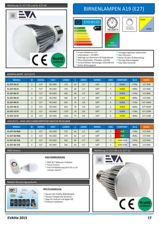 Abbildung: EL-E27-03 und EL-E27-06
                                                                              BIRNENLAMPEN A19 (E27)




                                                                                                          RGB
                                                                                                        OPTIONAL


                                                                      Ersetzt Glühbirnen E27                     Verzögerungsfreies Aufleuchten
                                                                      Lebensdauer > 50.000 h                     Kein Flimmern
                                                                      Gefertigt aus Aluminium & Polykarbonat     Keine UV oder IR Abstrahlung
                                                                      Ohne Quecksilber, Phosphor und Blei        Geringe Wärmeabgabe
                                                                      Fortschrittliche Technologie LED/COB LED   Zwei Jahre Garantie
                                                                      Hoher Wirkungsgrad


BIRNENLAMPE A19 (E27)

     MODELL         W      SOCKEL        VOLT          LUMEN          ⌀    LÄNGE         WINKEL          LEDS      FARBTEMP.      Ra-8        EQUIV.

EL-E27-03-CF        3       E27         90-240V         270       60        117            160⁰           3          6500K        >75Ra      E27 30W

EL-E27-03-CC        3       E27         90-240V         270       60        117            160⁰           3          3500K        >80Ra      E27 30W

EL-E27-06-CF        6       E27         90-240V         560       60        117            160⁰           3          6500K        >75Ra      E27 60W

EL-E27-06-CC        6       E27         90-240V         560       60        117            160⁰           3          3500K        >80Ra      E27 60W

EL-E27-09-CF        9       E27         90-240V         810       79        135            160⁰           6          6500K        >75Ra     E27 100W

EL-E27-09-CC        9       E27         90-240V         810       79        135            160⁰           6          3500K        >80Ra     E27 100W

EL-E27-12-CF        12      E27         90-240V        1150       79        135            160⁰           6          6500K        >75Ra     E27 120W

EL-E27-12-CC        12      E27         90-240V        1150       79        135            160⁰           6          3500K        >80Ra     E27 120W

A19 (E27) – RGB UND FARBFARBTEMP.ERATUR REGELBAR

     MODELL         W      SOCKEL        VOLT          LUMEN          ⌀    LÄNGE         WINKEL          LEDS      FARBTEMP.      Ra-8        EQUIV.

EL-E27-03-RGB       3       E27         90-240V         270       60        117            160⁰           3           RGB         >75Ra      E27 30W

EL-E27-06-RGB       3       E27         90-240V         270       60        117            160⁰           3           RGB         >80Ra      E27 30W

EL-E27-03-TCR       6       E27         90-240V         560       60        117            160⁰           3        3500-6500      >75Ra      E27 60W

EL-E27-06-TCR       6       E27         90-240V         560       60        117            160⁰           3        3500-6500      >80Ra      E27 60W

RGB Version                                                                              Abbildung: EL-E27-09 a EL-E27-12

                                    RGB-FERNBEDIENUNG

                                    RGB 16,7 Millionen Farbtöne
                                    Touch Control
                                    Eine Fernbedienung kann bis zu 32
                                      Lampen steuern




Mobile Steuerungssysteme

                                  WiFi-Fernbedienung

                                  Steuert alle EVAlite-RGB-Modelle
                                  Steuert Farbwechsel-Schemen
                                  Apps für Andriod und Apple-iOS
                                  Einfache Installation




EVAlite 2013                                                                                                                                        17
 
