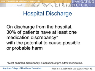 Hospital Discharge On discharge from the hospital,  30% of patients have at least one medication discrepancy*  with the potential to cause possible  or probable harm American College of Healthcare Executives Kwan Y et al. Arch Intern Med 2007;167:1034-40. *Most common discrepancy is omission of pre-admit medication. 