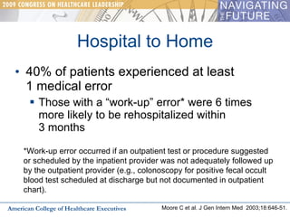 Hospital to Home 40% of patients experienced at least  1 medical error Those with a “work-up” error* were 6 times more likely to be rehospitalized within  3 months American College of Healthcare Executives Moore C et al. J Gen Intern Med  2003;18:646-51. *Work-up error occurred if an outpatient test or procedure suggested or scheduled by the inpatient provider was not adequately followed up by the outpatient provider (e.g., colonoscopy for positive fecal occult blood test scheduled at discharge but not documented in outpatient chart). 