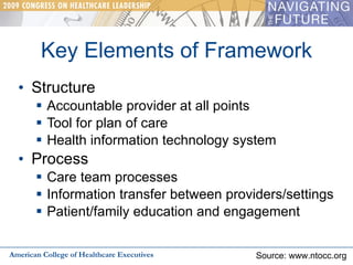 Key Elements of Framework Structure Accountable provider at all points Tool for plan of care Health information technology system Process Care team processes Information transfer between providers/settings Patient/family education and engagement American College of Healthcare Executives Source: www.ntocc.org 