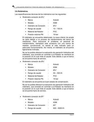 EVALUACIÓN OPERATIVA Y FÍSICA DEL BANCO DE PRUEBAS - EPS. MOQUEGUA S.A.
8 de 21
3.6.Rotámetros.
Las especificaciones técnicas de los rotámetros son las siguientes:
• Rotámetro conexión de Ø½”
ƒ Marca : Kobold
ƒ Modelo : KSM
ƒ Diámetro de Conexión : Ø½”
ƒ Rango de caudal : 10 – 100 l/h
ƒ Material del flotador : PVC
ƒ Presión máxima PN : 16 bar
El rotámetro se encuentra deteriorado, la rosca inferior de acople
se dañó debido a un proceso de mantenimiento del banco de
medidores. Para solucionar el problema, el personal de
mantenimiento, reemplazó este accesorio con una tuerca de
medidor convencional, no siendo el más indicado para un
adecuado funcionamiento. Así mismo, el rotámetro se encuentra
ligeramente inclinado.
No se ha podido efectuar la evaluación de operación hidráulica del
rotámetro, que consiste en controlar si el flotador se mantiene en
la posición en la cual mide el caudal. Esto debido a que el banco
se encuentra fuera de servicio.
• Rotámetro conexión de Ø¾”
ƒ Marca : Kobold
ƒ Modelo : KSM
ƒ Diámetro de Conexión : Ø¾”
ƒ Rango de caudal : 50 – 500 l/h
ƒ Material del flotador : PVC
ƒ Presión máxima PN : 16 bar
El rotámetro se encuentra en buen estado de conservación.
No se ha podido efectuar la evaluación de operación hidráulica del
rotámetro, que consiste en controlar si el flotador se mantiene en
la posición en la cual mide el caudal. Esto debido a que el banco
se encuentra fuera de servicio.
• Rotámetro conexión de Ø1”
ƒ Marca : Kobold
ƒ Modelo : KSM
ƒ Diámetro de Conexión : Ø1”
ƒ Rango de caudal : 600 – 6000 l/h
 