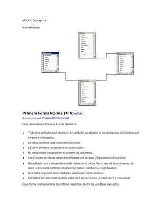 ModeloConceptual
Normalizacion
Primera Forma Normal(1FN)[editar]
Artículo principal: Primera forma normal
Una tabla está en Primera Forma Normal si:
 Todos los atributos son atómicos. Un atributo es atómico si los elementos del dominio son
simples e indivisibles.
 La tabla contiene una clave primaria única.
 La clave primaria no contiene atributos nulos.
 No debe existir variación en el número de columnas.
 Los Campos no clave deben identificarse por la clave (Dependencia Funcional)
 Debe Existir una independencia del orden tanto de las filas como de las columnas, es
decir, si los datos cambian de orden no deben cambiar sus significados
 Una tabla no puede tener múltiples valores en cada columna.
 Los datos son atómicos (a cada valor de X le pertenece un valor de Y y viceversa).
Esta forma normal elimina los valores repetidos dentro de una Base de Datos.
 