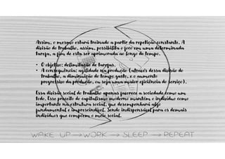 Assim, o mesmo estará treinado a partir da repetição constante. A
divisão do trabalho, assim, possibilita o foco em uma determinada
tarefa, a fim de esta ser aprimorada ao longo do tempo.
• O objetivo: delimitação de tarefas.
• A consequência: agilidade na produção (através dessa divisão do
trabalho, a diminuição do tempo gasto, e o aumento
progressivo da produção, ou seja uma maior eficiência do serviço).
Essa divisão social do trabalho apenas favorece a sociedade como um
todo. Esse preceito do capitalismo moderno mantém o indivíduo como
importante na estrutura social, que desempenhará algo
fundamental e imprescindível. Sendo indispensável para os demais
indivíduos que compõem o meio social.
 