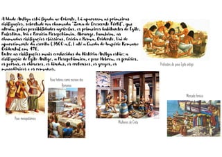 A Idade Antiga está ligada ao Oriente. Lá aparecem as primeiras
civilizações, sobretudo na chamada "Zona do Crescente Fértil", que
atraiu, pelas possibilidades agrícolas, os primeiros habitantes do Egito,
Palestina, Irã e Fenícia Mesopotâmia. Abrange, também, as
chamadas civilizações clássicas, Grécia e Roma, Ocidente. Vai do
aparecimento da escrita (3500 a.C.) até a Queda do Império Romano
Ocidental em 476.
Entre as civilizações mais conhecidas da História Antiga estão: a
civilização do Egito Antigo, a Mesopotâmica, o povo Hebreu, os fenícios,
os persas, os chineses, os hindus, os cretenses, os gregos, os
macedônicos e os romanos.
Povo mesopotâmico
Profissões do povo Egito antigo
Mercado fenício
Povo hebreu como escravo dos
Romanos
Mulheres de Creta
 