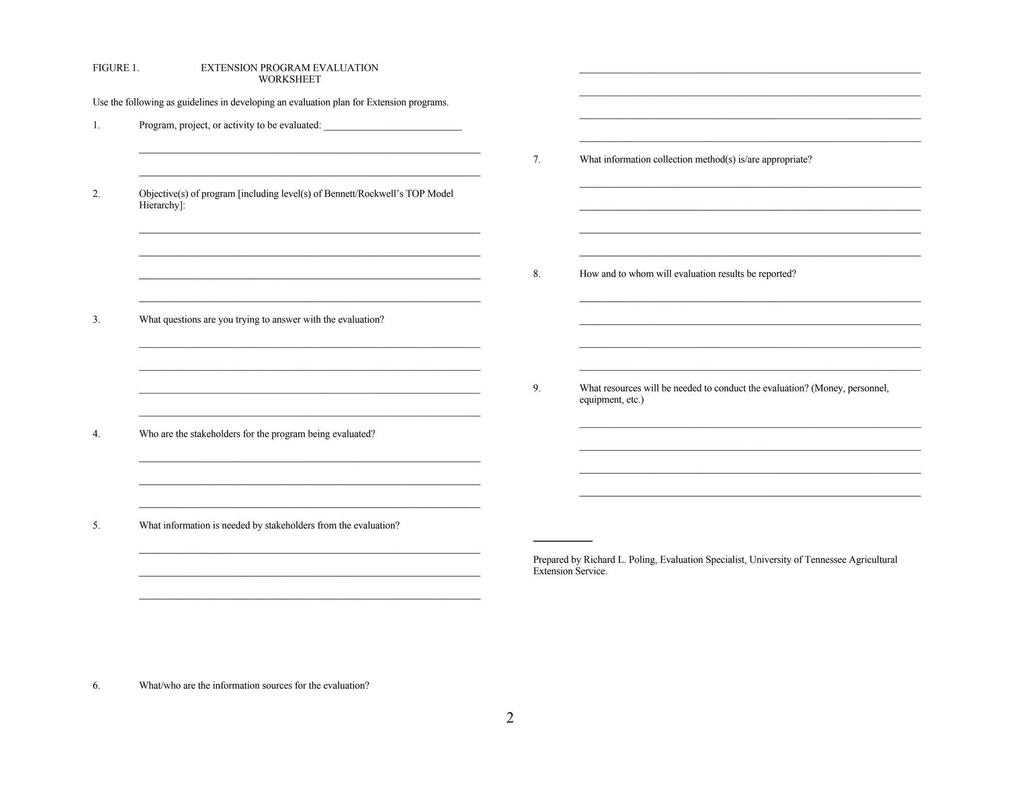 FIGURE 1.                 EXTENSION PROGRAM EVALUATION                                                    _________________________________________________________________
                                   WORKSHEET
                                                                                                          _________________________________________________________________
Use the following as guidelines in developing an evaluation plan for Extension programs.
                                                                                                          _________________________________________________________________
1.         Program, project, or activity to be evaluated: ___________________________
                                                                                                          _________________________________________________________________
           _________________________________________________________________
                                                                                               7.         What information collection method(s) is/are appropriate?
           _________________________________________________________________
                                                                                                          _________________________________________________________________
2.         Objective(s) of program [including level(s) of Bennett/Rockwell’s TOP Model
           Hierarchy]:                                                                                    _________________________________________________________________

           _________________________________________________________________                              _________________________________________________________________

           _________________________________________________________________                              _________________________________________________________________

           _________________________________________________________________                   8.         How and to whom will evaluation results be reported?

           _________________________________________________________________                              _________________________________________________________________

3.         What questions are you trying to answer with the evaluation?                                   _________________________________________________________________

           _________________________________________________________________                              _________________________________________________________________

           _________________________________________________________________                              _________________________________________________________________

           _________________________________________________________________                   9.         What resources will be needed to conduct the evaluation? (Money, personnel,
                                                                                                          equipment, etc.)
           _________________________________________________________________
                                                                                                          _________________________________________________________________
4.         Who are the stakeholders for the program being evaluated?
                                                                                                          _________________________________________________________________
           _________________________________________________________________
                                                                                                          _________________________________________________________________
           _________________________________________________________________
                                                                                                          _________________________________________________________________
           _________________________________________________________________

5.         What information is needed by stakeholders from the evaluation?

           _________________________________________________________________
                                                                                               Prepared by Richard L. Poling, Evaluation Specialist, University of Tennessee Agricultural
           _________________________________________________________________                   Extension Service.

           _________________________________________________________________




6.         What/who are the information sources for the evaluation?


                                                                                           2
 
