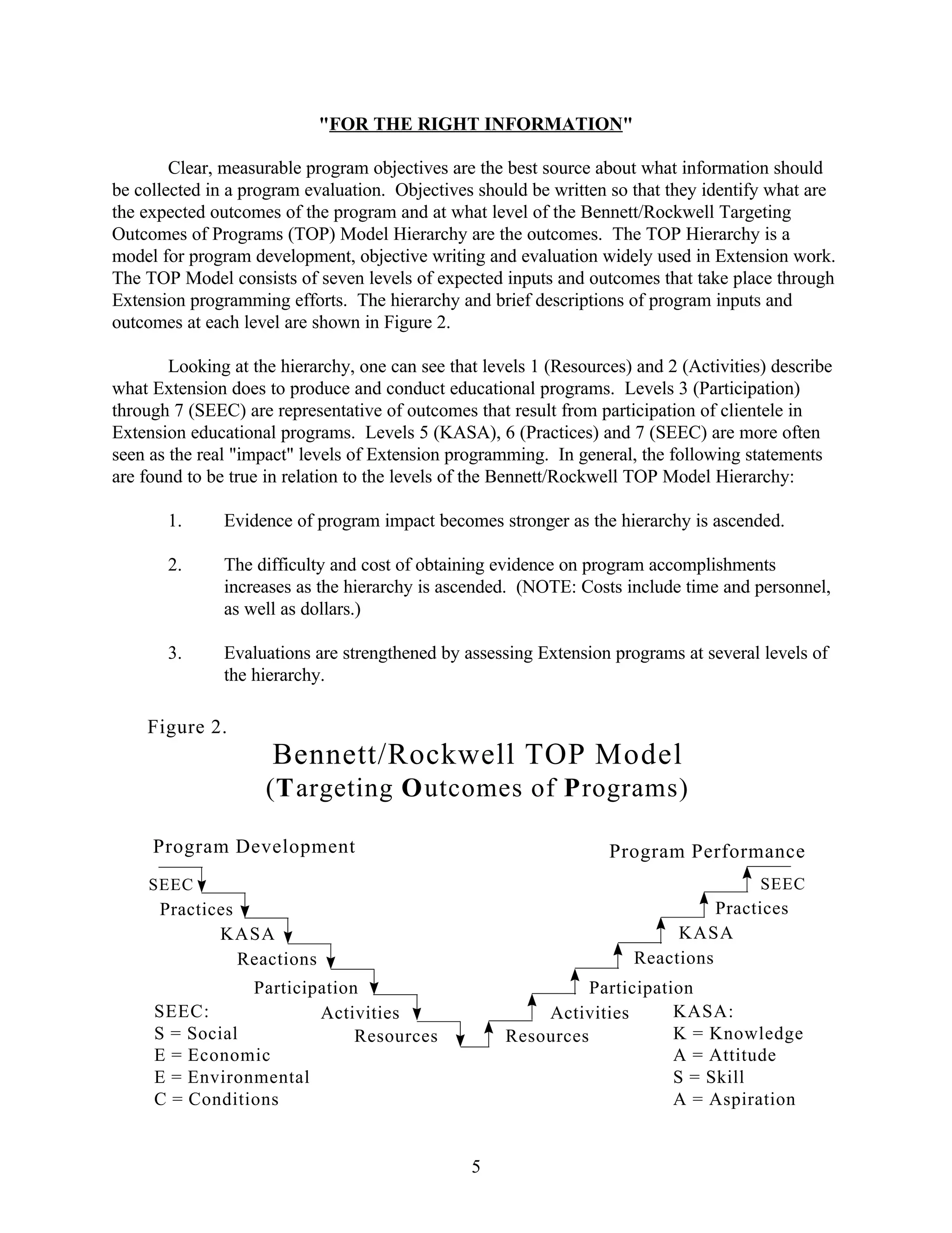 "FOR THE RIGHT INFORMATION"

        Clear, measurable program objectives are the best source about what information should
be collected in a program evaluation. Objectives should be written so that they identify what are
the expected outcomes of the program and at what level of the Bennett/Rockwell Targeting
Outcomes of Programs (TOP) Model Hierarchy are the outcomes. The TOP Hierarchy is a
model for program development, objective writing and evaluation widely used in Extension work.
The TOP Model consists of seven levels of expected inputs and outcomes that take place through
Extension programming efforts. The hierarchy and brief descriptions of program inputs and
outcomes at each level are shown in Figure 2.

        Looking at the hierarchy, one can see that levels 1 (Resources) and 2 (Activities) describe
what Extension does to produce and conduct educational programs. Levels 3 (Participation)
through 7 (SEEC) are representative of outcomes that result from participation of clientele in
Extension educational programs. Levels 5 (KASA), 6 (Practices) and 7 (SEEC) are more often
seen as the real "impact" levels of Extension programming. In general, the following statements
are found to be true in relation to the levels of the Bennett/Rockwell TOP Model Hierarchy:

       1.      Evidence of program impact becomes stronger as the hierarchy is ascended.

       2.      The difficulty and cost of obtaining evidence on program accomplishments
               increases as the hierarchy is ascended. (NOTE: Costs include time and personnel,
               as well as dollars.)

       3.      Evaluations are strengthened by assessing Extension programs at several levels of
               the hierarchy.

    Figure 2.
                      Bennett/Rockwell TOP Model
                     (Targeting Outcomes of Programs)

     Program Development                                            Program Performance
     SEEC                                                                                SEEC
      Practices                                                                  Practices
             KASA                                                           KASA
                Reactions                                              Reactions
                Participation                                   Participation
     SEEC:              Activities                        Activities       KASA:
     S = Social              Resources                Resources            K = Knowledge
     E = Economic                                                          A = Attitude
     E = Environmental                                                     S = Skill
     C = Conditions                                                        A = Aspiration


                                                 5
 