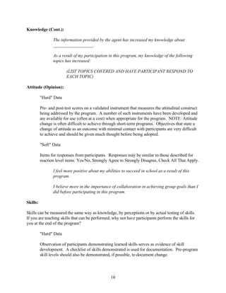 Knowledge (Cont.):

                 The information provided by the agent has increased my knowledge about
                 __________________.

                 As a result of my participation in this program, my knowledge of the following
                 topics has increased:

                         (LIST TOPICS COVERED AND HAVE PARTICIPANT RESPOND TO
                         EACH TOPIC)

Attitude (Opinion):

          "Hard" Data

          Pre- and post-test scores on a validated instrument that measures the attitudinal construct
          being addressed by the program. A number of such instruments have been developed and
          are available for use (often at a cost) when appropriate for the program. NOTE: Attitude
          change is often difficult to achieve through short-term programs. Objectives that state a
          change of attitude as an outcome with minimal contact with participants are very difficult
          to achieve and should be given much thought before being adopted.

          "Soft" Data

          Items for responses from participants. Responses may be similar to those described for
          reaction level items: Yes/No, Strongly Agree to Strongly Disagree, Check All That Apply.

                 I feel more positive about my abilities to succeed in school as a result of this
                 program.

                 I believe more in the importance of collaboration in achieving group goals than I
                 did before participating in this program.

Skills:

Skills can be measured the same way as knowledge, by perceptions or by actual testing of skills.
If you are teaching skills that can be performed, why not have participants perform the skills for
you at the end of the program?

          "Hard" Data

          Observation of participants demonstrating learned skills serves as evidence of skill
          development. A checklist of skills demonstrated is used for documentation. Pre-program
          skill levels should also be demonstrated, if possible, to document change.




                                                  10
 