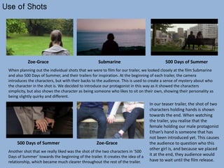 Use of Shots
When planning out the individual shots that we were to film for our trailer, we looked closely at the film Submarine
and also 500 Days of Summer, and their trailers for inspiration. At the beginning of each trailer, the camera
introduces the characters, but with their backs to the audience. This is used to create a sense of mystery about who
the character in the shot is. We decided to introduce our protagonist in this way as it showed the characters
simplicity, but also shows the character as being someone who likes to sit on their own, showing their personality as
being slightly quirky and different.
Zoe-Grace Submarine 500 Days of Summer
Another shot that we really liked was the shot of the two characters in ‘500
Days of Summer’ towards the beginning of the trailer. It creates the idea of a
relationship, which became much clearer throughout the rest of the trailer.
Zoe-Grace500 Days of Summer
In our teaser trailer, the shot of two
characters holding hands is shown
towards the end. When watching
the trailer, you realise that the
female holding our male protagonist
Ethan’s hand is someone that has
not been introduced yet. This causes
the audience to question who this
other girl is, and because we placed
it at the end, they audience would
have to wait until the film release.
 