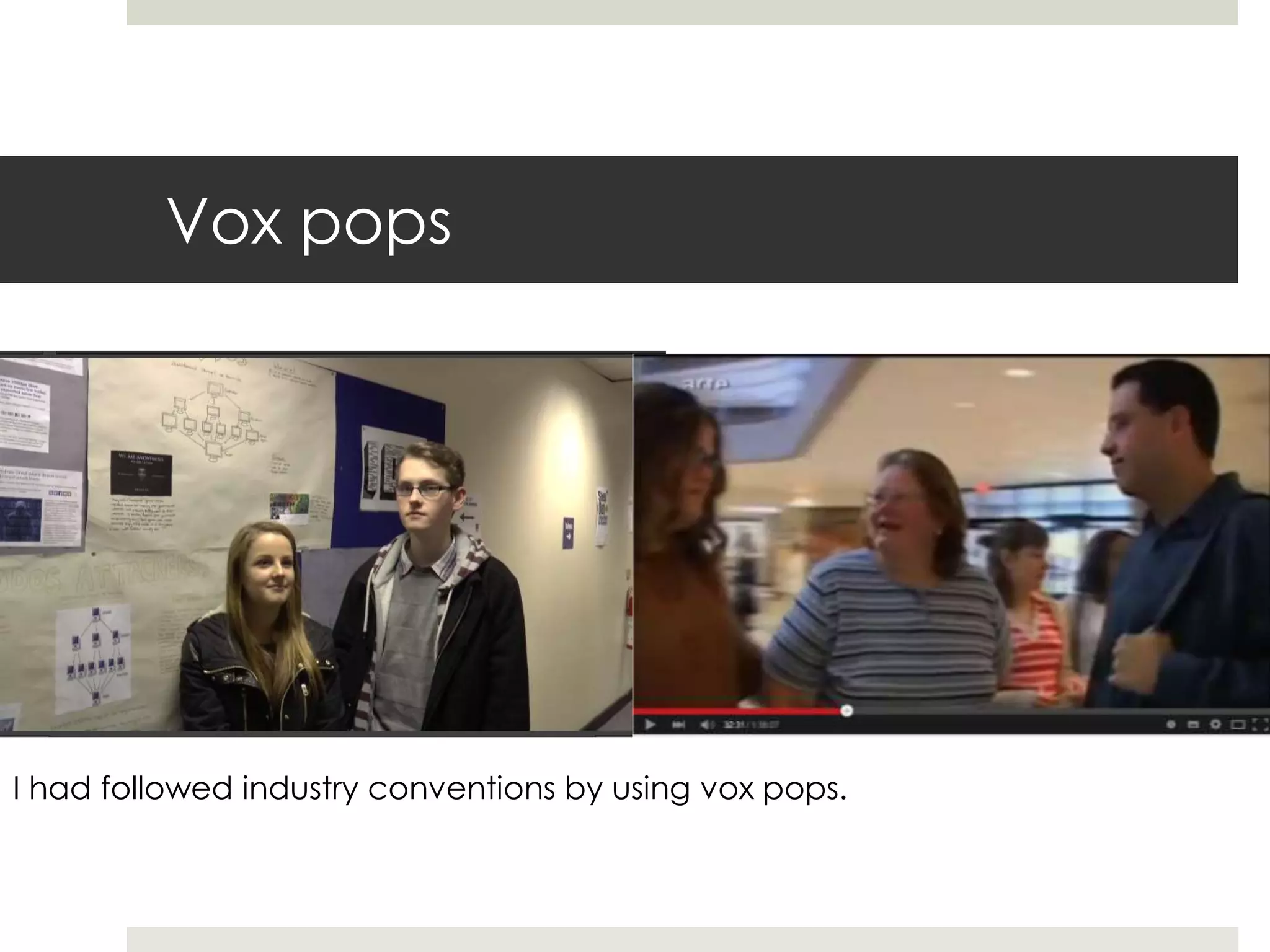 Vox pops
I had followed industry conventions by using vox pops.
 