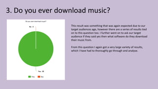 3. Do you ever download music?
This result was something that was again expected due to our
target audiences age, however there are a series of results tied
on to this question too. I further went on to ask our target
audience if they said yes then what software do they download
their music from.
From this question I again got a very large variety of results,
which I have had to thoroughly go through and analyse.
 
