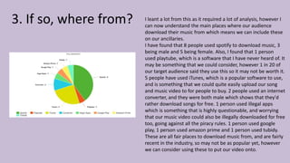3. If so, where from? I leant a lot from this as it required a lot of analysis, however I
can now understand the main places where our audience
download their music from which means we can include these
on our ancillaries.
I have found that 8 people used spotify to download music, 3
being male and 5 being female. Also, I found that 1 person
used playtube, which is a software that I have never heard of. It
may be something that we could consider, however 1 in 20 of
our target audience said they use this so it may not be worth it.
5 people have used iTunes, which is a popular software to use,
and is something that we could quite easily upload our song
and music video to for people to buy. 2 people used an internet
converter, and they were both male which shows that they'd
rather download songs for free. 1 person used illegal apps
which is something that is highly questionable, and worrying
that our music video could also be illegally downloaded for free
too, going against all the piracy rules. 1 person used google
play, 1 person used amazon prime and 1 person used tubidy.
These are all fair places to download music from, and are fairly
recent in the industry, so may not be as popular yet, however
we can consider using these to put our video onto.
 