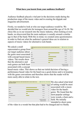 What have you learnt from your audience feedback?


Audience feedback played a vital part in the decisions made during the
production stage of the music video and in creating the digipak and
magazine advertisement.

Firstly, we needed to look at who our target audience would be. We
decided that we would aim for teenagers from around the age of 16-20. We
chose this as in our research into the music industry, when looking at rock
bands, we discovered that the main audience is usually around a similar
age to that of the band. With this in mind, we created some questionnaires
in order to find out what the audience's general ideas are in relation to
aspects of music videos for alternative rock bands.

We asked a small
representative group from
our target audience about
the genre most associated
with concept based music
videos. The results show
that the alternative and
rock genres are both least
associated with a concept
based music video. This shows us that our initial decision of having a
performance based video for the band was a good choice and is in keeping
with the genre conventions and therefore shows that the reader will be
more easily able to relate to the text.

                                                  We also asked what kind
                                                  of setting would be most
                                                  associated with a music
                                                  video for the band's
                                                  genre. We found that the
                                                  most popular settings
                                                  were woods, a barn and a
                                                  field. We initially
                                                  intended to shoot some
of the video in a woods but that plan had to be changed and we finally
 