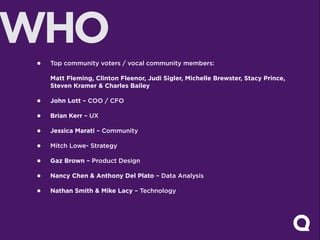 WHO
 •   Top community voters / vocal community members:

     Matt Fleming, Clinton Fleenor, Judi Sigler, Michelle Brewster, Stacy Prince,
     Steven Kramer & Charles Bailey

 •   John Lott – COO / CFO

 •   Brian Kerr – UX

 •   Jessica Marati – Community

 •   Mitch Lowe- Strategy

 •   Gaz Brown – Product Design

 •   Nancy Chen & Anthony Del Plato – Data Analysis

 •   Nathan Smith & Mike Lacy – Technology
 