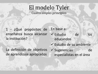 El modelo Tyler
                Cuatro simples principios




1 - ¿Qué propósitos de En base a:
enseñanza busca alcanzar  Estudio         de       los
la institución?              educandos
                            Estudio de su ambiente
La definición de objetivos  Sugerencias             de
de aprendizaje apropiados    especialistas en el área
 