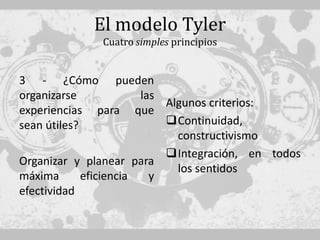 El modelo Tyler
              Cuatro simples principios


3 - ¿Cómo pueden
organizarse             las
                            Algunos criterios:
experiencias para que
sean útiles?                Continuidad,
                              constructivismo
                            Integración, en todos
Organizar y planear para
                              los sentidos
máxima       eficiencia   y
efectividad
 