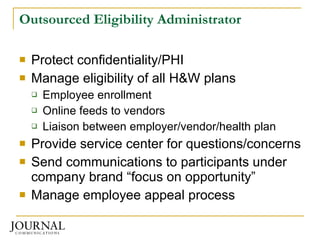 Outsourced Eligibility Administrator Protect confidentiality/PHI Manage eligibility of all H&W plans Employee enrollment Online feeds to vendors Liaison between employer/vendor/health plan Provide service center for questions/concerns Send communications to participants under company brand “focus on opportunity” Manage employee appeal process 