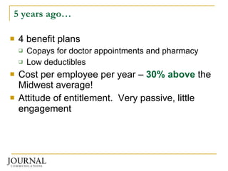 5 years ago… 4 benefit plans  Copays for doctor appointments and pharmacy Low deductibles Cost per employee per year –  30%   above  the Midwest average! Attitude of entitlement.  Very passive, little engagement 