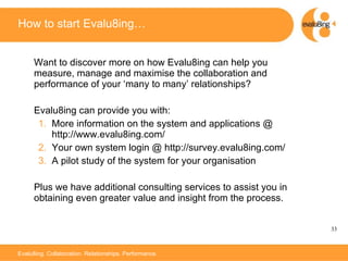 How to start Evalu8ing… Want to discover more on how Evalu8ing can help you measure, manage and maximise the collaboration and performance of your ‘many to many’ relationships? Evalu8ing can provide you with: More information on the system and applications  @  http://www.evalu8ing.com/ Your own system login @  http://survey.evalu8ing.com/ A pilot study of the system for your organisation Plus we have additional consulting services to assist you in obtaining even greater value and insight from the process. 