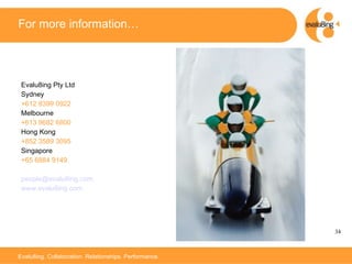 For more information… Evalu8ing Pty Ltd Sydney +612 8399 0922 Melbourne +613 9682 6800 Hong Kong +852 3589 3095 Singapore +65 6884 9149 [email_address] www.evalu8ing.com 