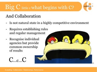Big C little c what begins with C?
 And Collaboration
 -  Is not natural state in a highly competitive environment
 -  Requires establishing rules
    and regular management
 -  Recognise individual
    agencies but provide
    common ownership
    of results


     C…c…C                                                     10	




Evalu8ing. Collaboration. Relationships. Performance.
 