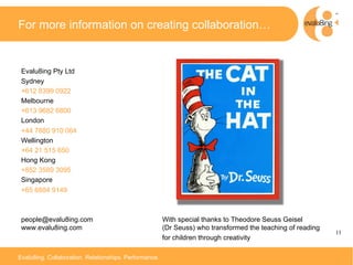 For more information on creating collaboration…


 Evalu8ing Pty Ltd
 Sydney
 +612 8399 0922
 Melbourne
 +613 9682 6800
 London
 +44 7880 910 064
 Wellington
 +64 21 515 650
 Hong Kong
 +852 3589 3095
 Singapore
 +65 6884 9149



 people@evalu8ing.com                                   With special thanks to Theodore Seuss Geisel
 www.evalu8ing.com                                      (Dr Seuss) who transformed the teaching of reading
                                                                                                             11	

                                                        for children through creativity

Evalu8ing. Collaboration. Relationships. Performance.
 