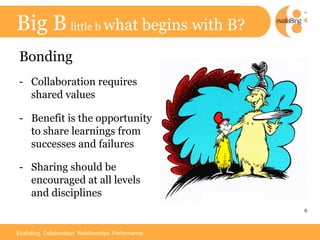 Big B little b what begins with B?
 Bonding
 -  Collaboration requires
    shared values

 -  Benefit is the opportunity
    to share learnings from
    successes and failures

 -  Sharing should be
    encouraged at all levels
    and disciplines
                                                        6	




Evalu8ing. Collaboration. Relationships. Performance.
 