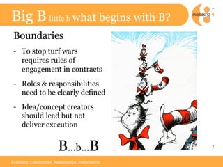 Big B little b what begins with B?
 Boundaries
 -  To stop turf wars
    requires rules of
    engagement in contracts
 -  Roles & responsibilities
    need to be clearly defined
 -  Idea/concept creators
    should lead but not
    deliver execution


                           B…b…B                        7	




Evalu8ing. Collaboration. Relationships. Performance.
 