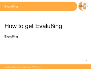 Evalu8ing




How to get Evalu8ing
Evalu8ing




                                                        1	




Evalu8ing. Collaboration. Relationships. Performance.
 