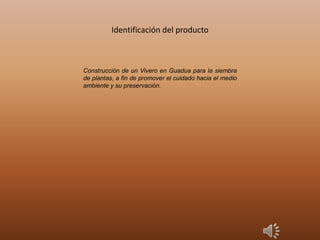 Identificación del producto
Construcción de un Vivero en Guadua para la siembra
de plantas, a fin de promover el cuidado hacia el medio
ambiente y su preservación.
 