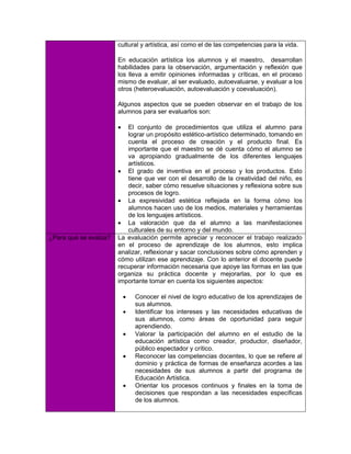 cultural y artística, así como el de las competencias para la vida.

                       En educación artística los alumnos y el maestro, desarrollan
                       habilidades para la observación, argumentación y reflexión que
                       los lleva a emitir opiniones informadas y críticas, en el proceso
                       mismo de evaluar, al ser evaluado, autoevaluarse, y evaluar a los
                       otros (heteroevaluación, autoevaluación y coevaluación).

                       Algunos aspectos que se pueden observar en el trabajo de los
                       alumnos para ser evaluarlos son:

                         El conjunto de procedimientos que utiliza el alumno para
                          lograr un propósito estético-artístico determinado, tomando en
                          cuenta el proceso de creación y el producto final. Es
                          importante que el maestro se dé cuenta cómo el alumno se
                          va apropiando gradualmente de los diferentes lenguajes
                          artísticos.
                        El grado de inventiva en el proceso y los productos. Esto
                          tiene que ver con el desarrollo de la creatividad del niño, es
                          decir, saber cómo resuelve situaciones y reflexiona sobre sus
                          procesos de logro.
                        La expresividad estética reflejada en la forma cómo los
                          alumnos hacen uso de los medios, materiales y herramientas
                          de los lenguajes artísticos.
                        La valoración que da el alumno a las manifestaciones
                          culturales de su entorno y del mundo.
¿Para qué se evalúa?   La evaluación permite apreciar y reconocer el trabajo realizado
                       en el proceso de aprendizaje de los alumnos, esto implica
                       analizar, reflexionar y sacar conclusiones sobre cómo aprenden y
                       cómo utilizan ese aprendizaje. Con lo anterior el docente puede
                       recuperar información necesaria que apoye las formas en las que
                       organiza su práctica docente y mejorarlas, por lo que es
                       importante tomar en cuenta los siguientes aspectos:

                              Conocer el nivel de logro educativo de los aprendizajes de
                               sus alumnos.
                              Identificar los intereses y las necesidades educativas de
                               sus alumnos, como áreas de oportunidad para seguir
                               aprendiendo.
                              Valorar la participación del alumno en el estudio de la
                               educación artística como creador, productor, diseñador,
                               público espectador y crítico.
                              Reconocer las competencias docentes, lo que se refiere al
                               dominio y práctica de formas de enseñanza acordes a las
                               necesidades de sus alumnos a partir del programa de
                               Educación Artística.
                              Orientar los procesos continuos y finales en la toma de
                               decisiones que respondan a las necesidades específicas
                               de los alumnos.
 