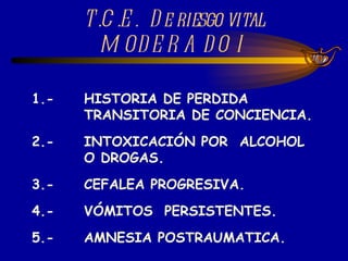 T.C.E.  De riesgo vital MODERADO I 1.- HISTORIA DE PERDIDA  TRANSITORIA DE CONCIENCIA. 2.- INTOXICACIÓN POR  ALCOHOL  O DROGAS. 3.- CEFALEA PROGRESIVA. 4.- VÓMITOS  PERSISTENTES.  5.- AMNESIA POSTRAUMATICA. 
