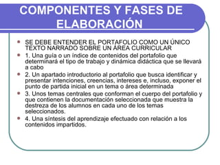 COMPONENTES Y FASES DE ELABORACIÓN   SE DEBE ENTENDER EL PORTAFOLIO COMO UN ÚNICO TEXTO NARRADO SOBRE UN ÁREA CURRICULAR  1. Una guía o un índice de contenidos del portafolio que determinará el tipo de trabajo y dinámica didáctica que se llevará a cabo 2. Un apartado introductorio al portafolio que busca identificar y presentar intenciones, creencias, intereses e, incluso, exponer el punto de partida inicial en un tema o área determinada 3. Unos temas centrales que conforman el cuerpo del portafolio y que contienen la documentación seleccionada que muestra la destreza de los alumnos en cada uno de los temas seleccionados.  4. Una síntesis del aprendizaje efectuado con relación a los contenidos impartidos.  