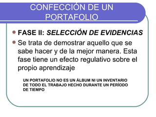 CONFECCIÓN DE UN PORTAFOLIO FASE II:  SELECCIÓN DE EVIDENCIAS Se trata de demostrar aquello que se sabe hacer y de la mejor manera. Esta fase tiene un efecto regulativo sobre el propio aprendizaje UN PORTAFOLIO NO ES UN ÁLBUM NI UN INVENTARIO DE TODO EL TRABAJO HECHO DURANTE UN PERÍODO DE TIEMPO 