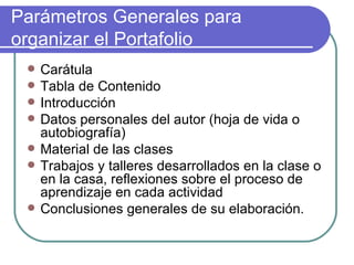 Parámetros Generales para organizar el Portafolio  Carátula Tabla de Contenido Introducción Datos personales del autor (hoja de vida o autobiografía) Material de las clases Trabajos y talleres desarrollados en la clase o en la casa, reflexiones sobre el proceso de aprendizaje en cada actividad Conclusiones generales de su elaboración.  
