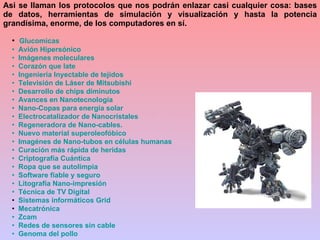 Glucomicas   Avión Hipersónico   Imágenes moleculares   Corazón que late   Ingeniería Inyectable de tejidos    Televisión de Láser de  Mitsubishi   Desarrollo de chips diminutos   Avances en  Nanotecnología    Nano -Copas para energía solar    Electrocatalizador  de  Nanocristales   Regeneradora de  Nano -cables.   Nuevo material  superoleofóbico    Imagénes  de  Nano -tubos en células humanas   Curación más rápida de heridas   Criptografía Cuántica   Ropa que se  autolimpia     Software fiable y seguro   Litografía  Nano -impresión   Técnica de TV Digital Sistemas informáticos  Grid Mecatrónica    Zcam   Redes de sensores sin cable   Genoma del pollo Asi se llaman los protocolos que nos podrán enlazar casi cualquier cosa: bases de datos, herramientas de simulación y visualización y hasta la potencia grandísima, enorme, de los computadores en sí. 