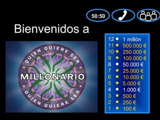 50:50

Bienvenidos a
                        12   1 millón
                        11   500.000 €
                        10   250.000 €
                        9    100.000 €
                        8    50.000 €
                        7    25.000 €
                        6    10.000 €
                        5    5.000 €
                        4    1.000 €
                        3    500 €
                        2    250 €
                        1    100 €
 