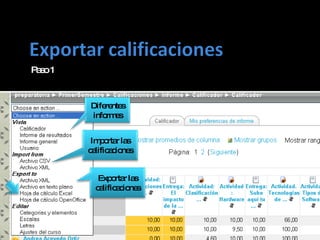 Paso 1 Diferentes informes Importar las calificaciones Exportar las calificaciones 