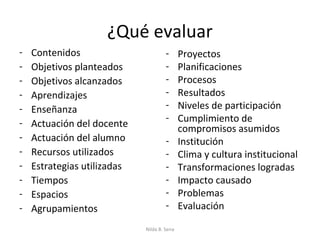 ¿Qué evaluar
-   Contenidos                        -      Proyectos
-   Objetivos planteados              -      Planificaciones
-   Objetivos alcanzados              -      Procesos
-   Aprendizajes                      -      Resultados
-   Enseñanza                         -      Niveles de participación
-                                     -      Cumplimiento de
    Actuación del docente                    compromisos asumidos
-   Actuación del alumno              -      Institución
-   Recursos utilizados               -      Clima y cultura institucional
-   Estrategias utilizadas            -      Transformaciones logradas
-   Tiempos                           -      Impacto causado
-   Espacios                          -      Problemas
-   Agrupamientos                     -      Evaluación

                             Nilda B. Sena
 