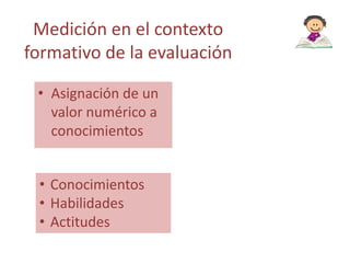 Medición en el contexto
formativo de la evaluación
• Asignación de un
valor numérico a
conocimientos
• Conocimientos
• Habilidades
• Actitudes

 