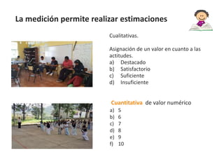 La medición permite realizar estimaciones
Cualitativas.
Asignación de un valor en cuanto a las
actitudes.
a) Destacado
b) Satisfactorio
c) Suficiente
d) Insuficiente

Cuantitativa de valor numérico
a)
b)
c)
d)
e)
f)

5
6
7
8
9
10

 