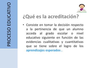 PROCESO EDUCATIVO

¿Qué es la acreditación?
• Consiste en tomar la decisión respecto
a la pertinencia de que un alumno
acceda al grado escolar o nivel
educativo siguiente en función de las
evidencias cualitativas y cuantitativas
que se tiene sobre el logro de los
aprendizajes esperados .

 